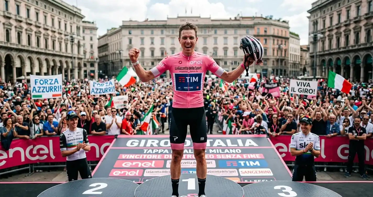 Corridore con la maglia di leader sul podio finale di un Grande Giro di ciclismo su strada