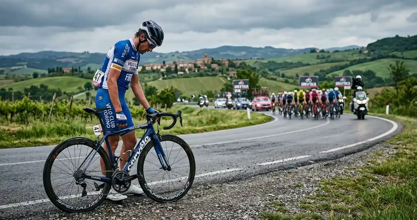 Corridore a bordo strada ripara una foratura mentre il gruppo si allontana