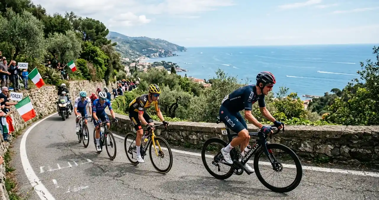 Corridori affrontano la salita della Cipressa nel finale della Milano-Sanremo