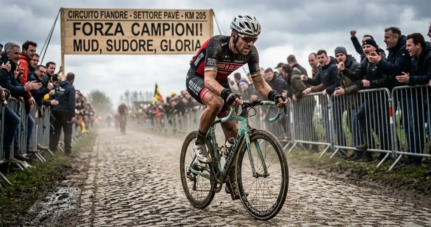 Corridore affronta un settore di pavé in una Classica Monumento del ciclismo su strada