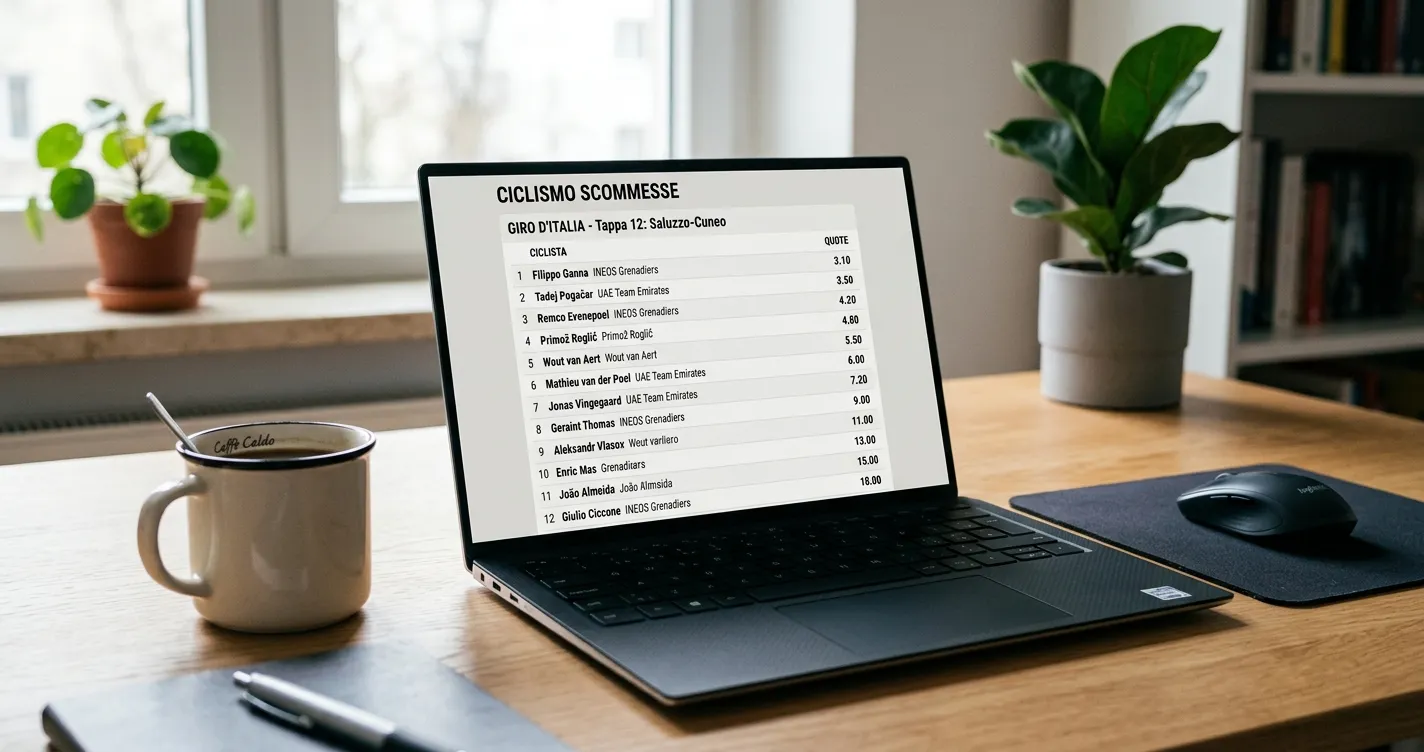 Schermo di un sito di scommesse con quote decimali sui corridori di una corsa ciclistica