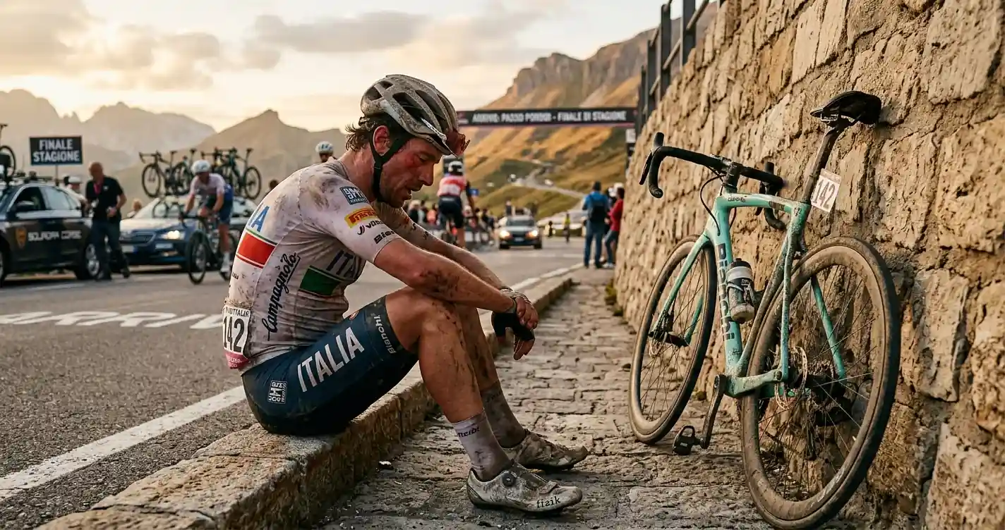 Corridore visibilmente affaticato a fine tappa nell'ultimo Grande Giro della stagione