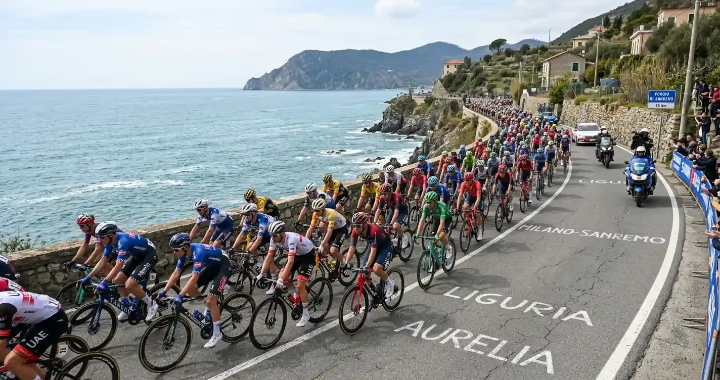 Lungo gruppo di corridori pedala sulla strada litoranea durante la Milano-Sanremo