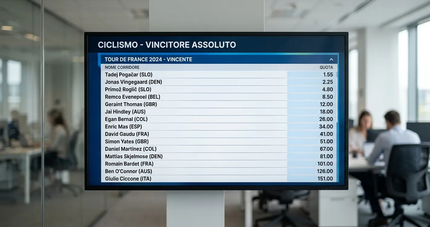 Schermo di un operatore mostra il listino quote del vincente finale del Giro