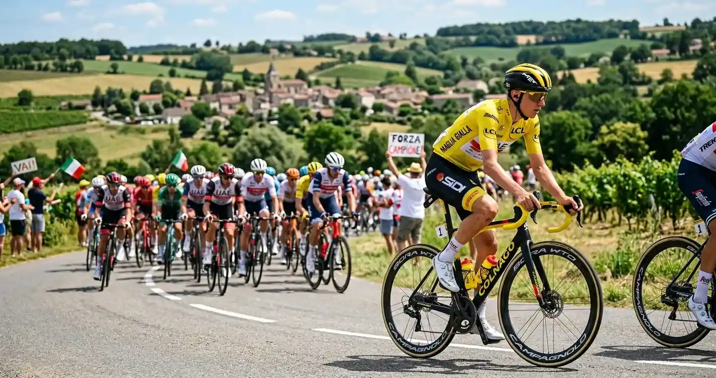 Corridore in maglia gialla guida il gruppo lungo una strada di campagna al Tour de France
