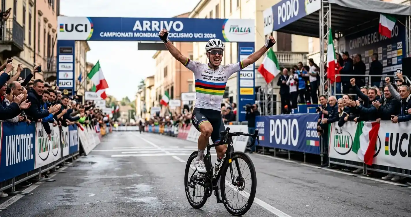 Campione del mondo indossa la maglia iridata con le bande arcobaleno