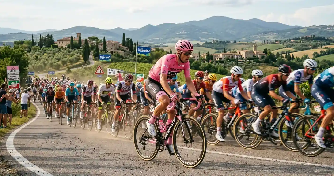 Corridore con la maglia rosa di leader pedala in testa al gruppo al Giro d'Italia