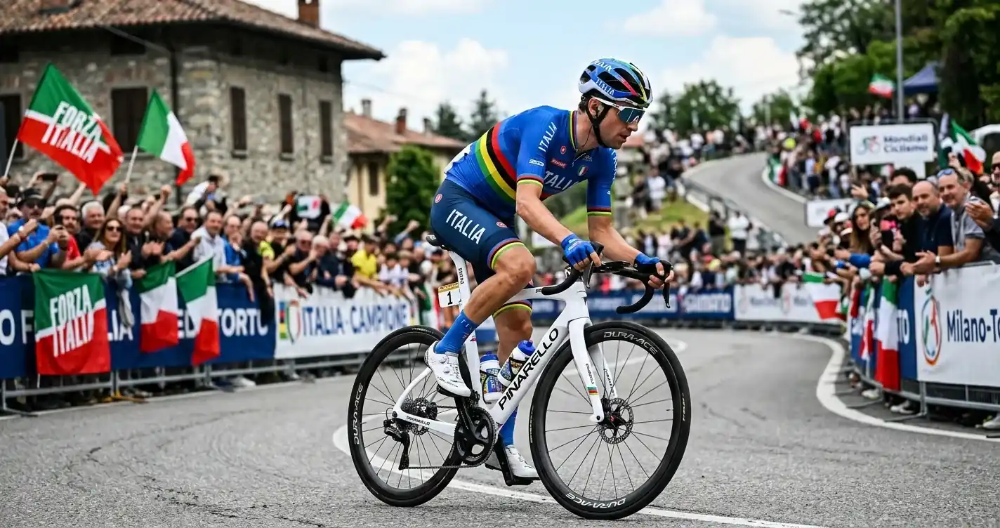 Corridore con la maglia iridata di campione del mondo nella prova in linea su strada