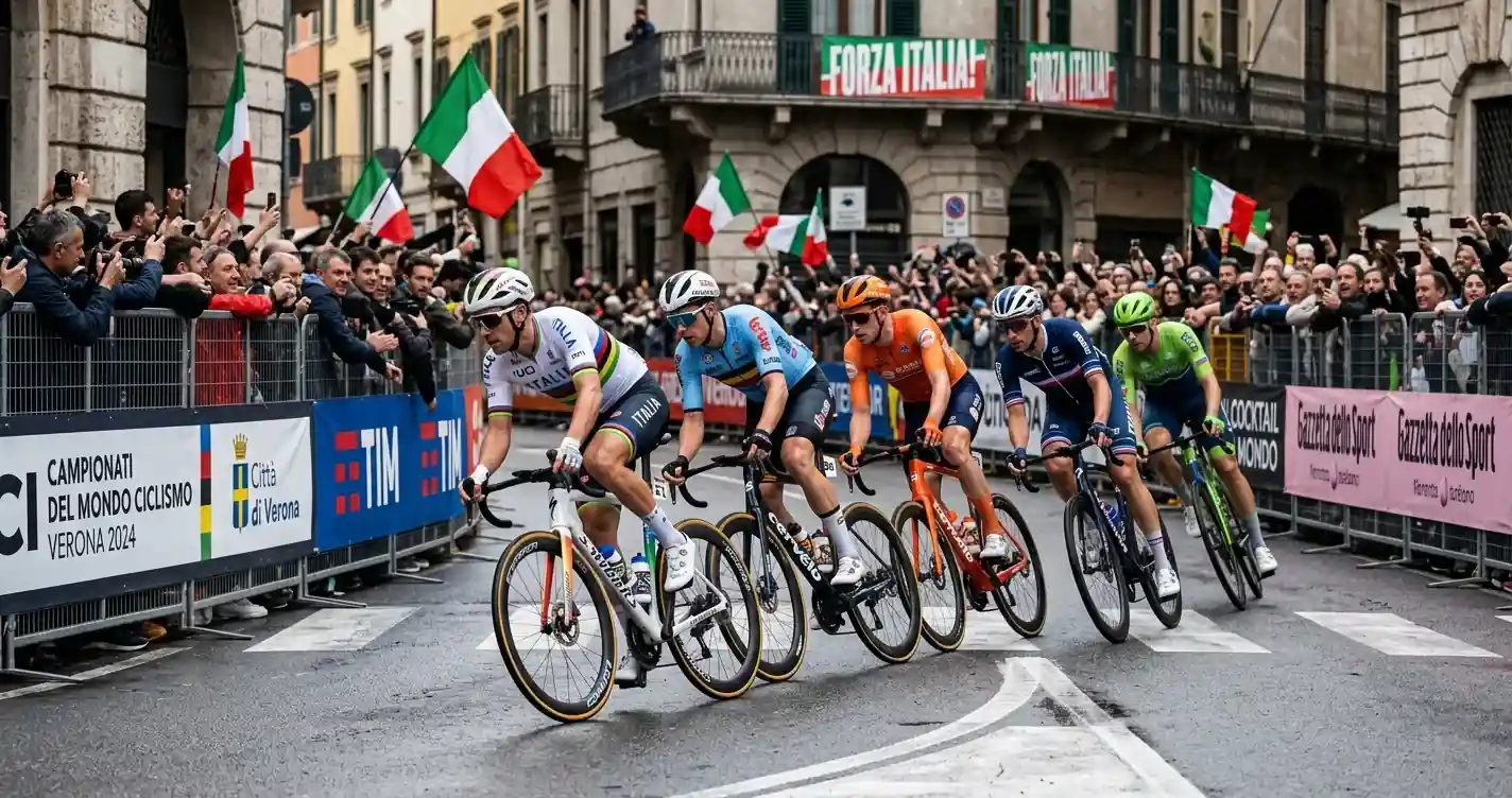 Gruppo di corridori in maglia nazionale lavora insieme nella prova in linea iridata