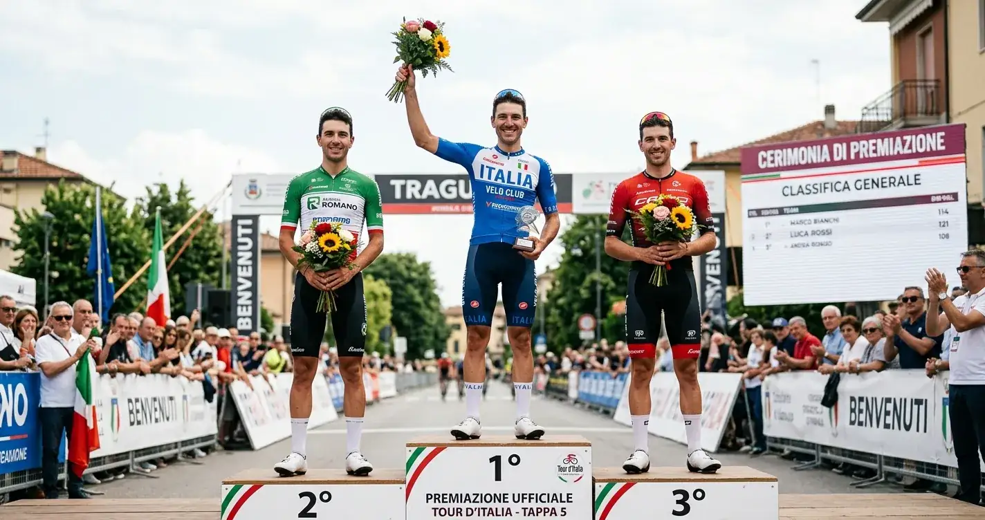 Podio di una corsa di ciclismo con i primi tre corridori classificati
