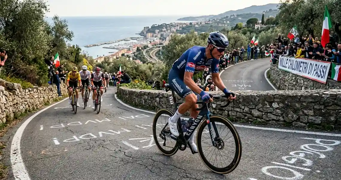 Attacco di un corridore in cima al Poggio nel finale della Milano-Sanremo