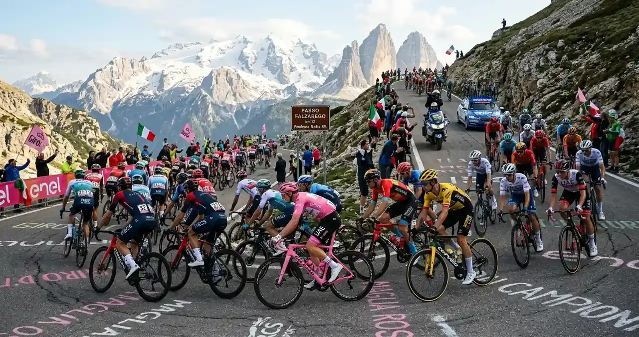 Gruppo di corridori affronta una salita di montagna durante una tappa del Giro d'Italia