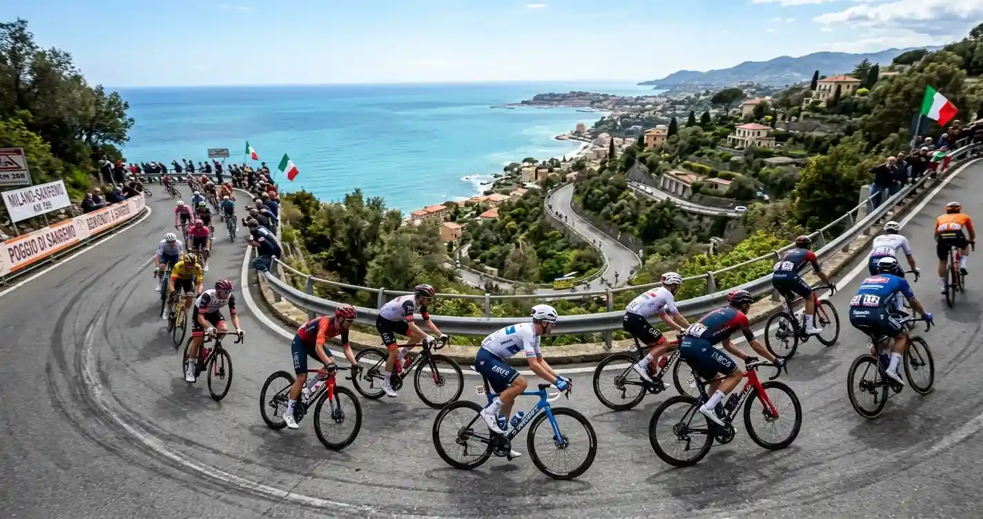 Ciclisti affrontano la discesa del Poggio verso il traguardo della Milano-Sanremo