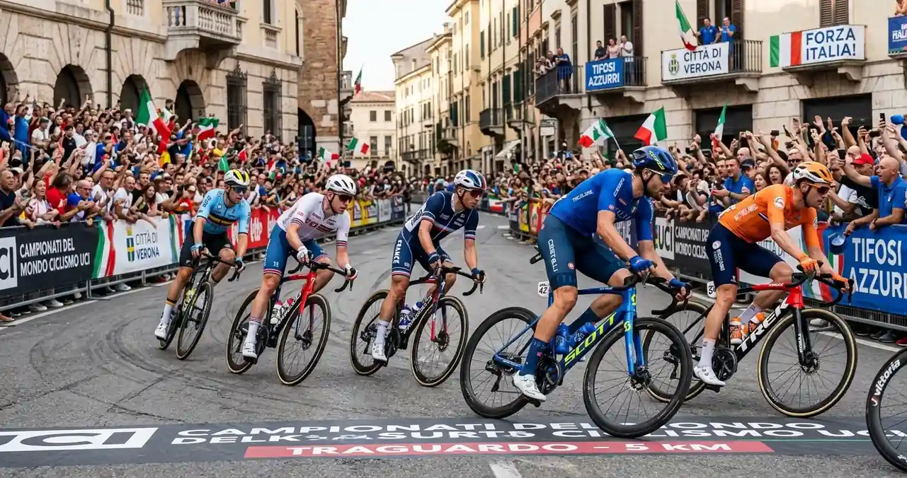 Corridori con le maglie delle nazionali si affrontano nella prova in linea dei Mondiali di ciclismo