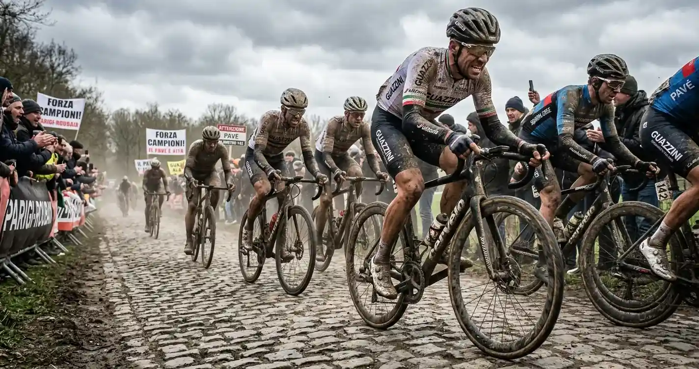 Ciclisti coperti di fango affrontano un settore di pavé alla Parigi-Roubaix
