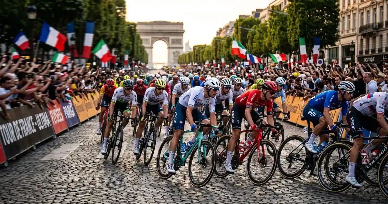 Plotone di ciclisti in volata sui Campi Elisi durante l'ultima tappa del Tour de France