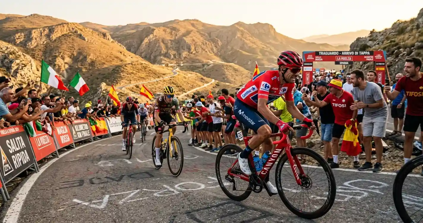 Ciclisti in salita su un arrivo in vetta durante la Vuelta a España al tramonto