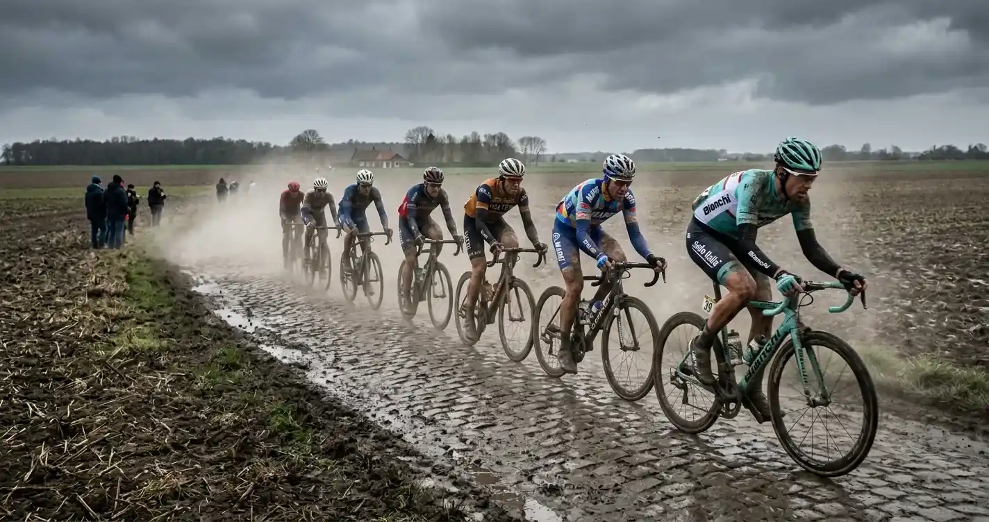 Corridori sfilano in fila su uno stretto settore di pavé tra i campi del nord