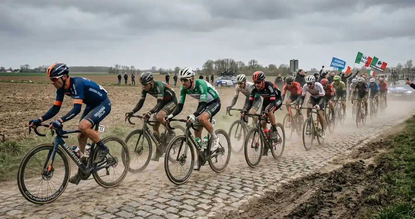 Lunga fila di corridori solleva polvere su un settore di pavé della Parigi-Roubaix