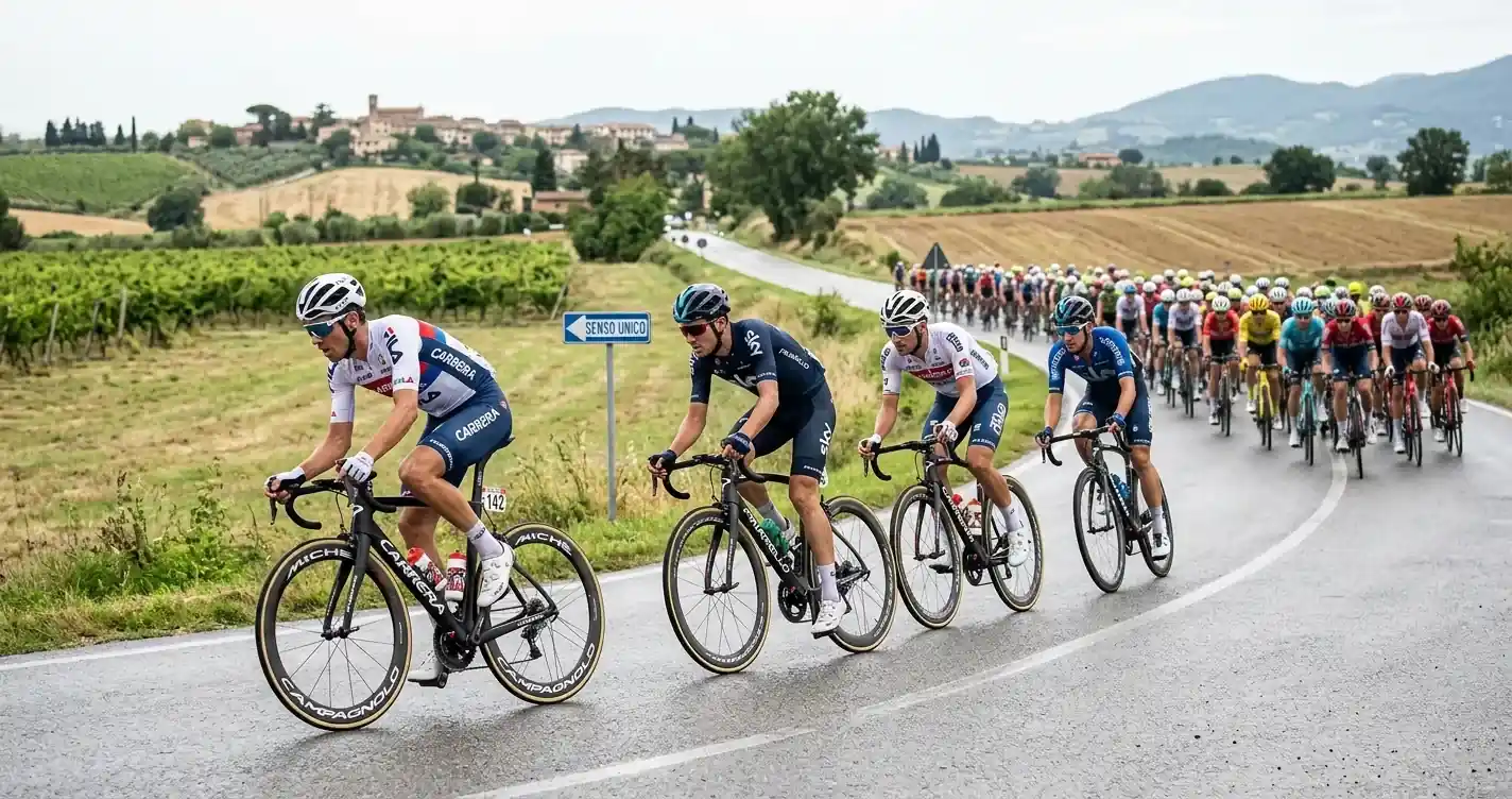 Gruppo di corridori in fuga inseguito dal plotone su una strada di campagna