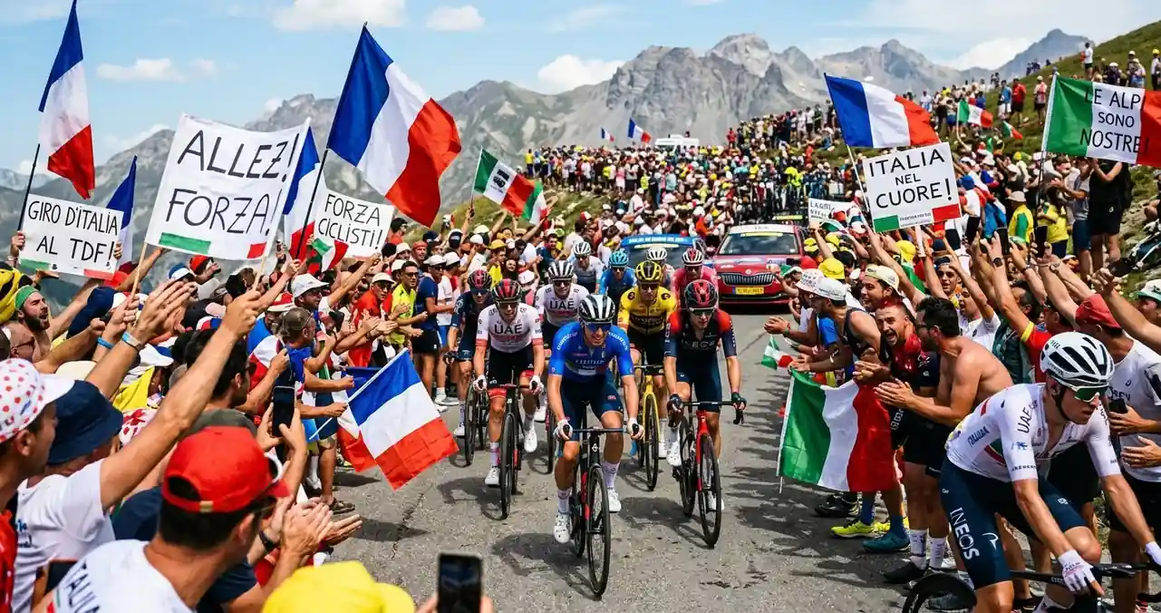 Folla di tifosi assiepata lungo la strada al passaggio dei corridori del Tour de France