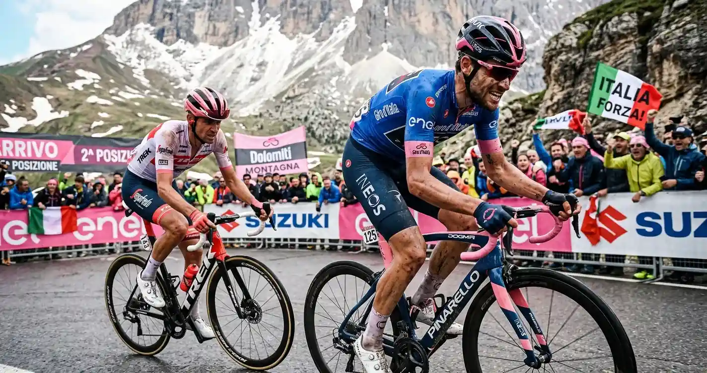 Corridore lotta per il secondo posto in classifica al Giro d'Italia in salita