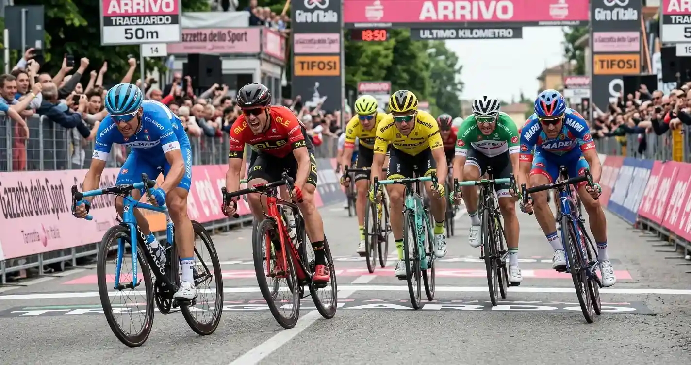 Volata di gruppo nel finale di una tappa di ciclismo su strada in pianura