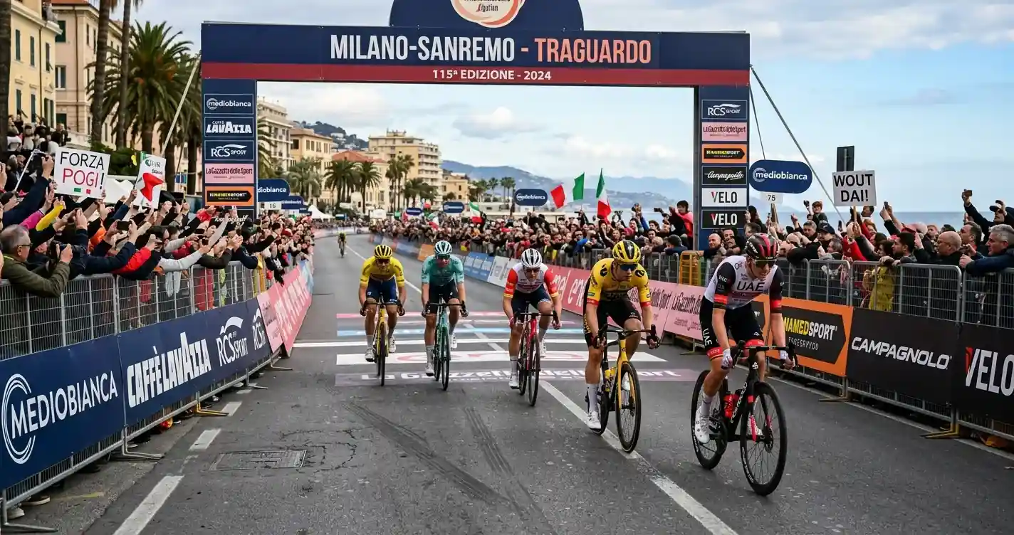 Volata ristretta di pochi corridori sul rettilineo finale della Milano-Sanremo