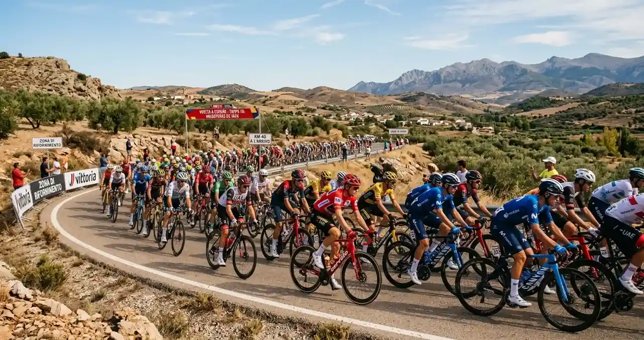 Gruppo della Vuelta a España attraversa un arido paesaggio spagnolo di fine stagione